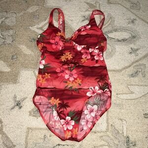 Vintage 90s Y2K One Piece Swimsuit Red Floral Hibiscus Tropical See Measurements